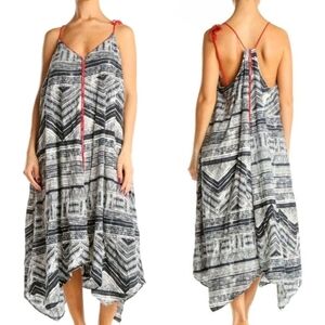 Akemi + Kin Sleeveless Midi Dress XS Black White Tribal Print Red Trim Tie Strap